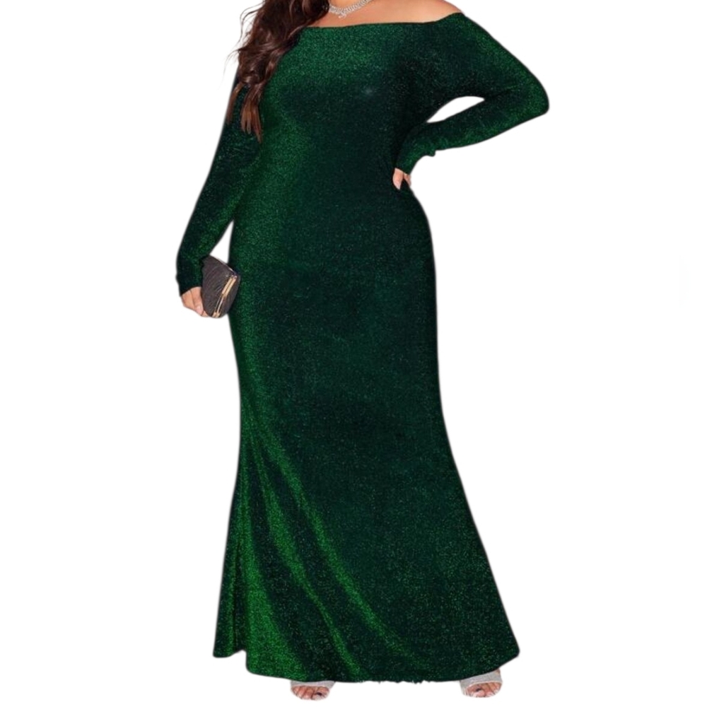 Shein Off Shoulder Plus Emerald Green Shimmering Evening Dress 2XL - Picture 8 of 13